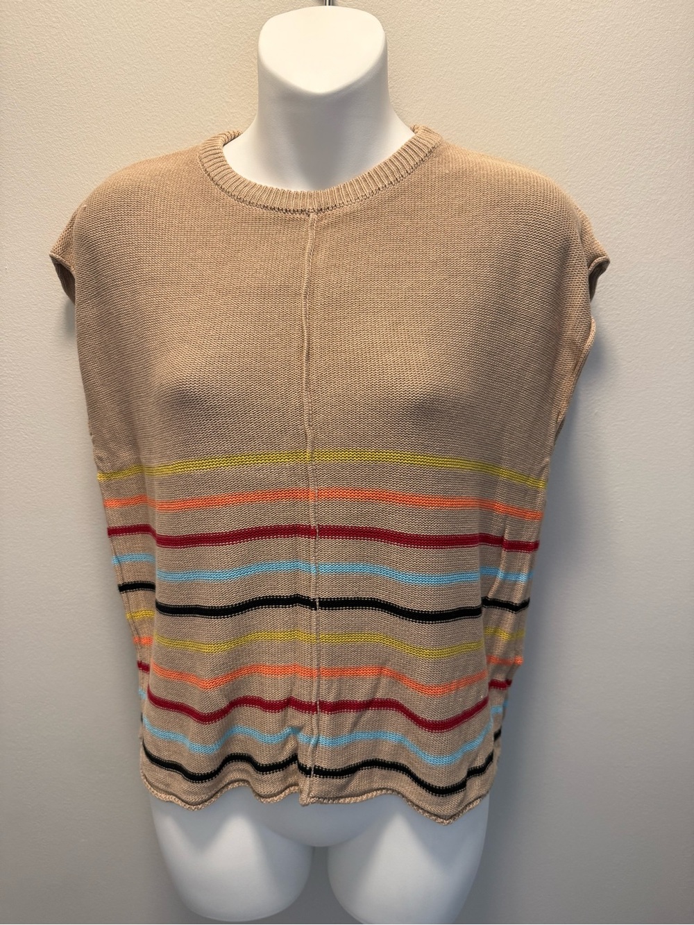 zeagoo Beige Crewneck Sweater with Colorful Stripes